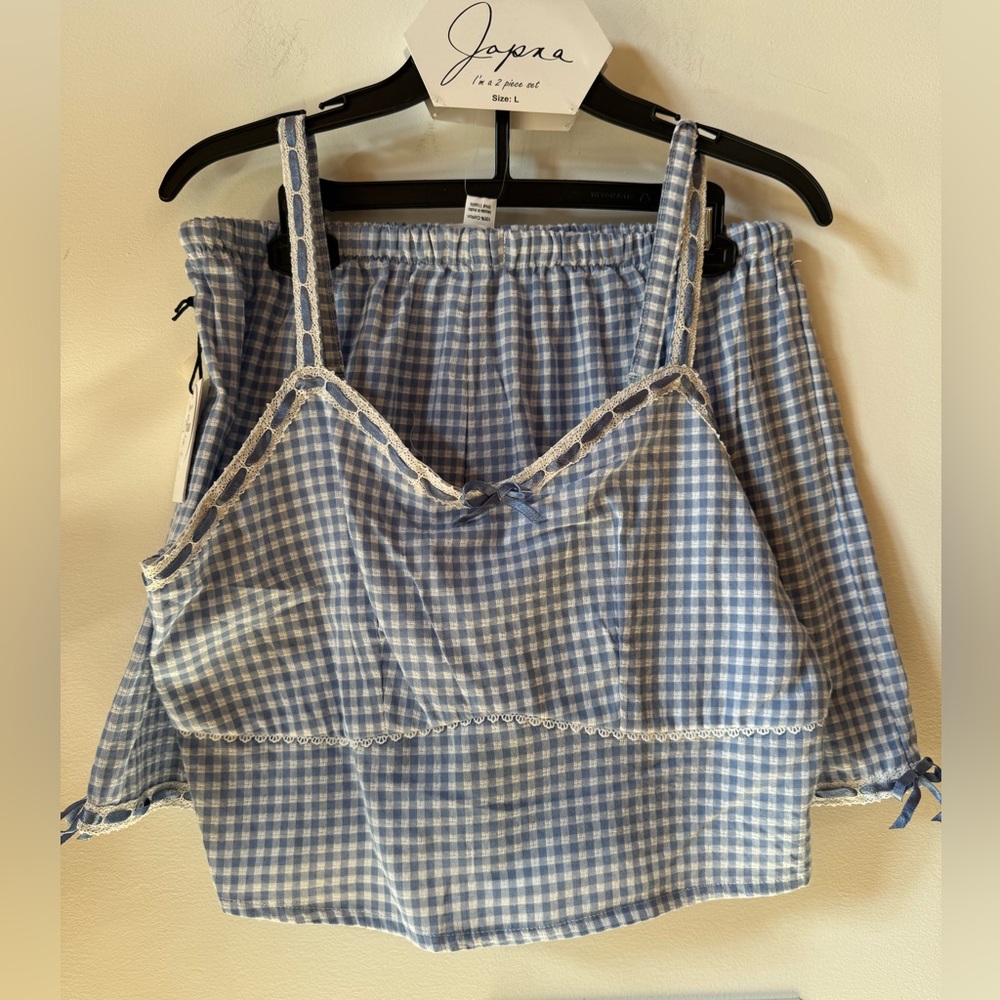NWT Japna blue and white gingham lightweight pajama shorts set bow ribbons Sz L